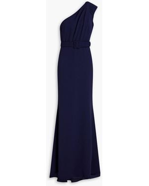 Badgley Mischka One-shoulder Belted Crepe Gown - Blue