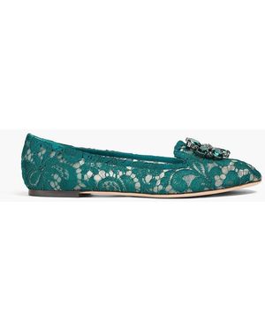 Dolce & Gabbana Crystal-Embellished Corded Lace Loafers - Green
