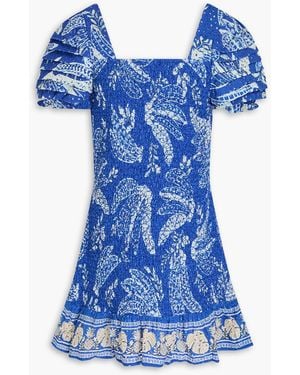 FARM Rio Smocked Printed Broderie Anglaise Cotton Mini Dress - Blue