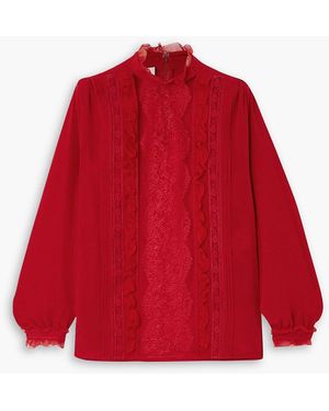 Versace Lace-Trimmed Ruffled Silk Crepe De Chine Blouse - Red