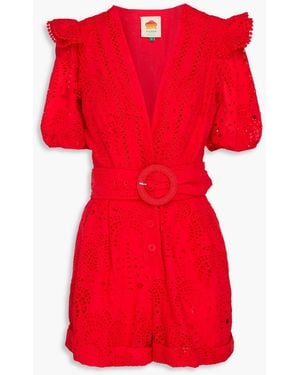 FARM Rio Belted Broderie Anglaise Cotton Playsuit - Red