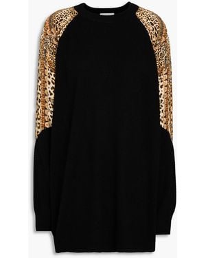 CAMILLA Leopard-print Silk Satin-paneled Wool And Cashmere-blend Sweater - Black