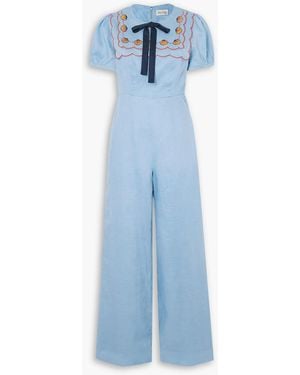 Saloni Marlowe Bow-detailed Embellished Linen Jumpsuit - Blue