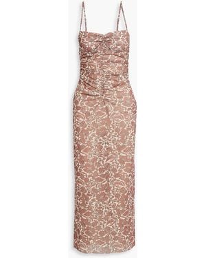 Bec & Bridge Priya Ruched Floral-Print Stretch-Mesh Midi Dress - Natural