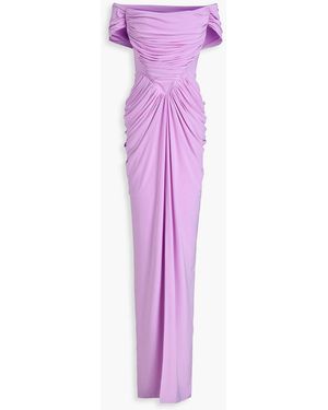 Rhea Costa Lorene Off-The-Shoulder Ruched Stretch-Jersey Gown - Purple