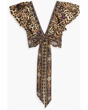 CAMILLA Cropped Crystal-Embellished Leopard-Print Linen Top - Black