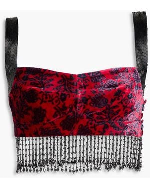 Saloni Cropped Fringed Bead-embellished Printed Velvet Top - Red