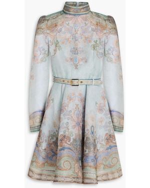 Zimmermann Belted Paisley-print Linen And Silk-blend Organza Mini Dress - Grey