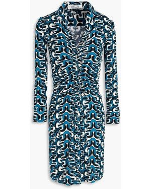 Diane von Furstenberg Sheska Ruched Printed Jersey Mini Dress - Blue