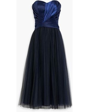 Zac Posen Strapless Pleated Satin-paneled Tulle Gown - Blue