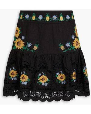 FARM Rio Embroidered Linen-Blend Mini Skirt - Black