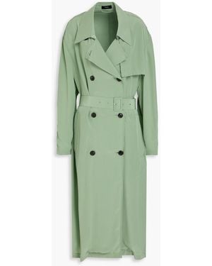 Theory Double-breasted Belted Crepe De Chine Trench Coat - Green