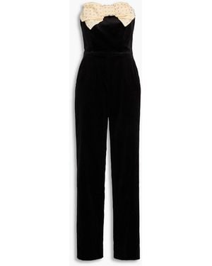 Saloni Sabine Strapless Bow-detailed Cotton-blend Velvet Jumpsuit - Black