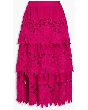 FARM Rio Tiered Broderie Anglaise Cotton And Linen-blend Midi Skirt - Pink