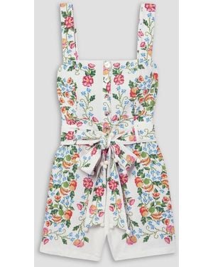 FARM Rio Belted Shirred Floral-print Linen-blend Playsuit - White