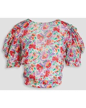 Ba&sh Gathered Printed Seersucker Wrap Blouse