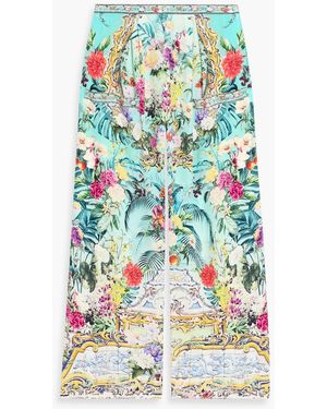 CAMILLA Crystal-Embellished Printed Silk Crepe De Chine Wide-Leg Pants - Blue