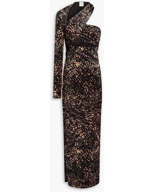 Nanushka One-sleeve Cutout Printed Crushed-velvet Maxi Dress - Black