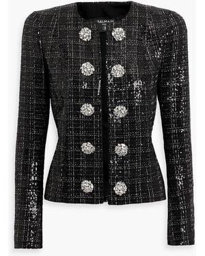 Balmain Sequin-Embellished Checked Tweed Jacket - Black