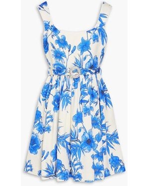 Borgo De Nor Muna Belted Floral-print Cotton-blend Matelassé Mini Dress - Blue