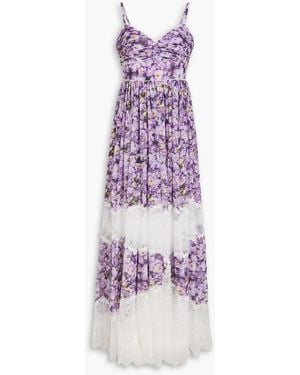 Badgley Mischka Lace-Paneled Floral-Print Georgette Maxi Dress - Purple