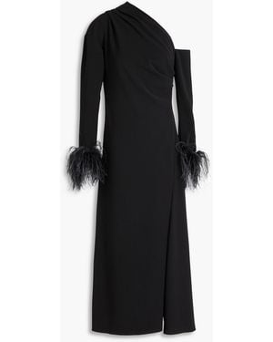 16Arlington Adelaide One-shoulder Feather-trimmed Crepe Midi Dress - Black