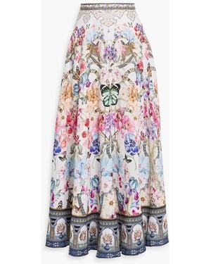 CAMILLA Crystal-Embellished Printed Linen Maxi Skirt - White