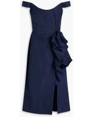 Marchesa Off-The-Shoulder Floral-Appliquéd Taffeta Midi Dress - Blue
