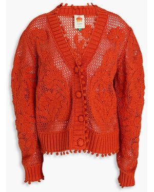 FARM Rio Pom Pom-embellished Crochet-knit Cotton-blend Cardigan - Red