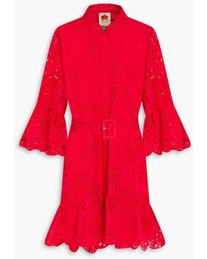 FARM Rio Belted Broderie Anglaise Cotton Mini Dress - Red