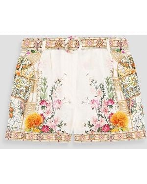CAMILLA Belted Crystal-Embellished Printed Linen Shorts - White