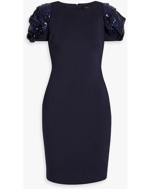 Badgley Mischka Sequin-embellished Tulle-paneled Scuba Mini Dress - Blue