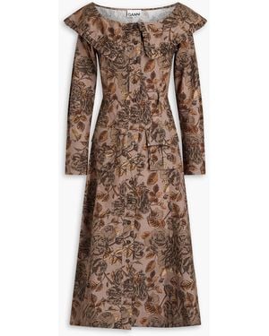 Ganni Ruffle-Trimmed Floral-Print Organic Cotton-Poplin Shirt - Brown