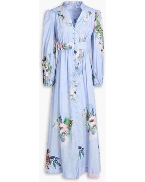 Zimmermann Everley Floral-Print Linen Midi Dress - Blue