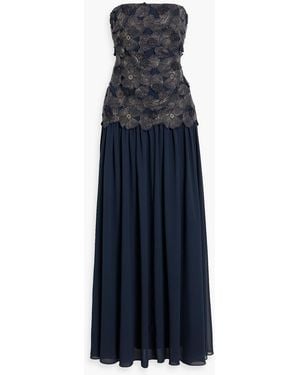 Badgley Mischka Strapless Metallic Guipure Lace And Chiffon Gown - Blue
