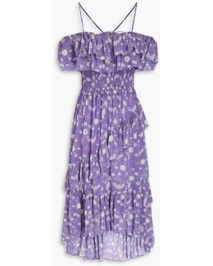 Ulla Johnson Penninah Cold-Shoulder Ruffled Floral-Print Silk-Georgette Midi Dress - Purple