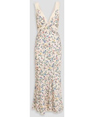 Rabanne Lace-Trimmed Floral-Print Satin Maxi Dress - White