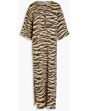 Ganni Tiger-print Stretch-mesh Midi Dress - Metallic