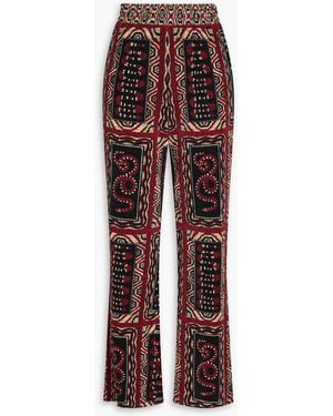 FARM Rio Pleated Printed Satin Wide-leg Trousers - Red