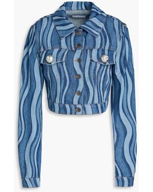 Area Cropped Printed Denim Jacket - Blue