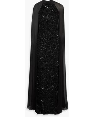 Jenny Packham Elite Cape-Effect Embellished Crepe And Chiffon Gown - Black