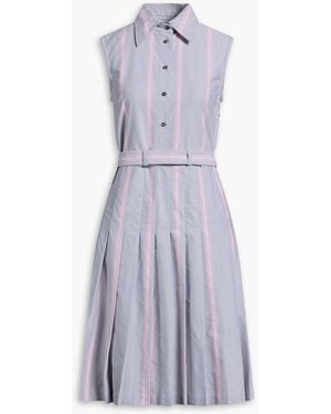 Thom Browne Pleated Striped Cotton-Canvas Shirt Dress - Grey