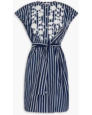 Carolina Herrera Floral-appliquéd Striped Cotton-poplin Mini Shirt Dress - Blue