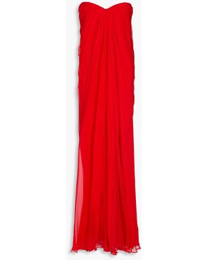 McQueen Strapless Pleated Silk-Voile Maxi Dress - Red