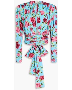 Magda Butrym Cropped Floral-print Stretch-silk Wrap Blouse - Blue