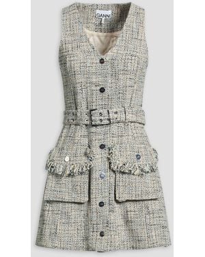 Ganni Belted Cotton-Tweed Mini Dress - Grey