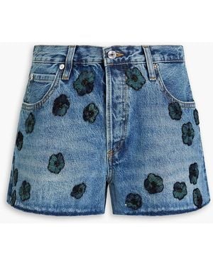 FRAME Floral-Appliquéd Denim Shorts - Blue