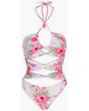 Maje Cutout Knotted Floral-print Halterneck Bandeau Swimsuit - Pink