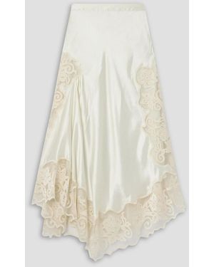 Ulla Johnson Cressida Asymmetric Appliquéd Tulle-trimmed Silk-charmeuse Maxi Skirt - White