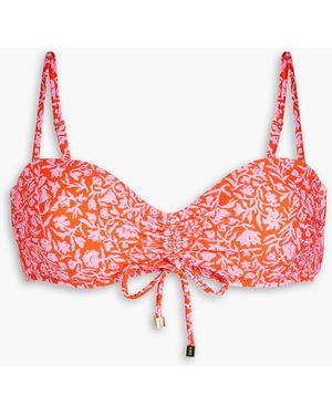 Heidi Klein Ruched Floral-Print Stretch-Piqué Underwired Bandeau Bikini Top